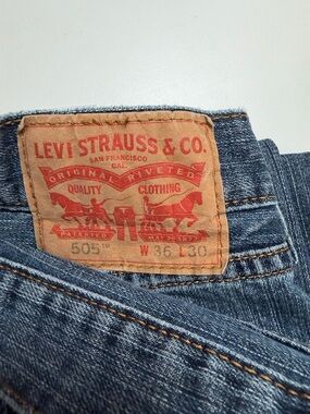 Levi's Men's Straight Jeans in Classic Blue Denim with Tan Leather Patch 36/30